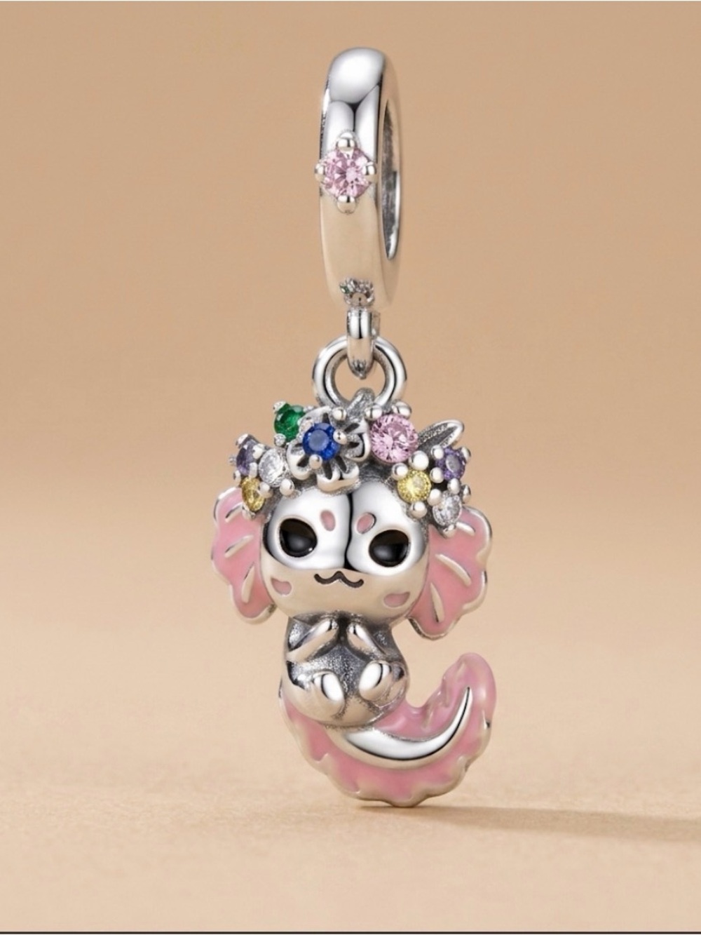 Sterling silver Pink Enamel Floral Charm Pendant for Women